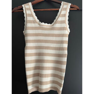 Ribbed Striped Slim Fit Tank Top Size Medium Tan & White